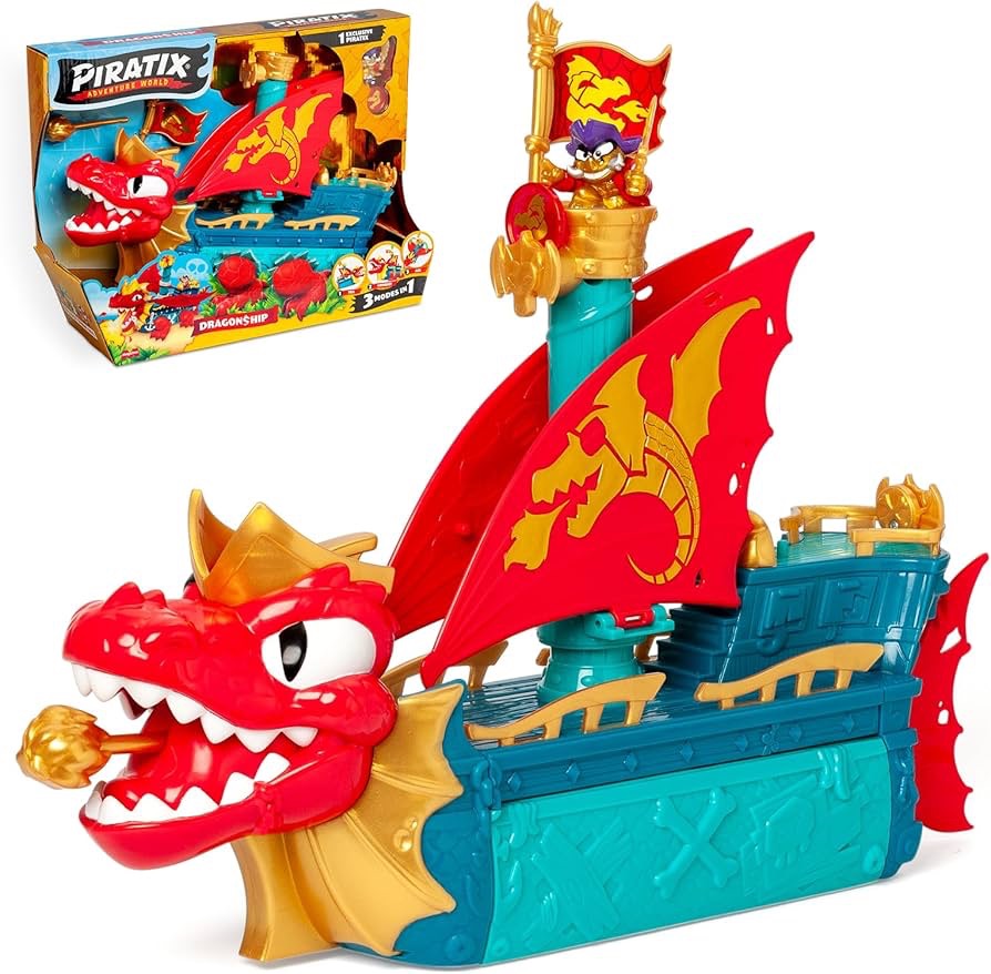 Zabawka PIRATIX Dragon Ship smoczy statek piracki 3 w 1 transformacja figurka Piratix moneta pocisk czerwony pojazd dla dzieci okazja Amazon.pl 103 zł