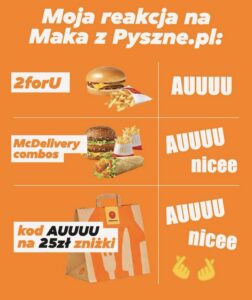 Jedzenie z dostawą burger frytki kurczaki nuggets zestaw McDonald's aplikacja Pyszne.pl kupon kod rabatowy AUUUU zniżka 25 zł