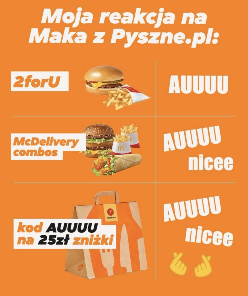 Jedzenie z dostawą burger frytki kurczaki nuggets zestaw McDonald's aplikacja Pyszne.pl kupon kod rabatowy AUUUU zniżka 25 zł