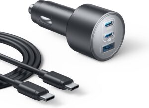 Szara ładowarka samochodowa Anker 167,5W szybkie ładowanie 3 porty USB-C kabel w zestawie promocja Amazon darmowa dostawa Prime do telefonu laptopa