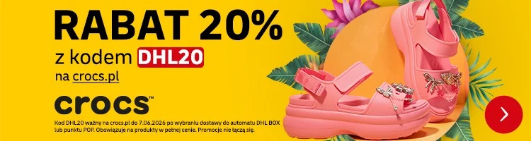 Oficjalny kod rabatowy Crocs pl kupon zniżkowy DHL20 rabat 20 procent modne buty chodaki sandały klapki przypinki Jibbitz dostawa do automatu DHL Box punkt POP produkty w pełnej cenie okazja czerwiec 2026 tanie obuwie letnie kolekcja