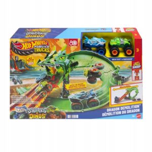 Zabawka tor wyścigowy Hot Wheels Monster Trucks Smoczy wyścig zestaw JFR06 dwa pojazdy 1:64 Great Bite Rageasaur smok cyborg wyrzutnia autek oficjalny sklep Allegro okazja tanio pomysł na prezent dla dziecka