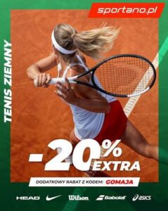 Kod rabatowy Sportano pl zniżka minus 20 procent na tenis kupon GOMAJA rakiety tenisowe obuwie odzież marki HEAD NIKE WILSON BABOLAT ASICS piłki Roland Garros okazja sportowa tanio promocja