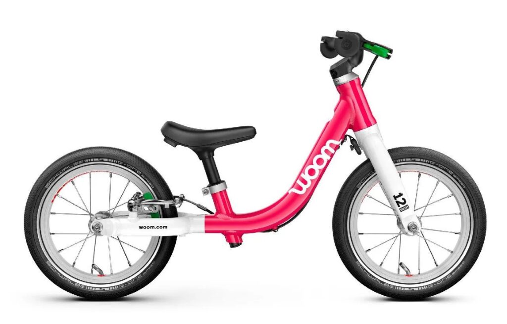 Rowerek biegowy dziecięcy Woom 1 Classic GO Hot Pink różowy 12 cali pompowane koła lekka rama aluminiowa rower dla dzieci 82-100 cm darmowy dzwonek Woom Vienna Gold darmowa dostawa okazja Sportega pomysł na prezent