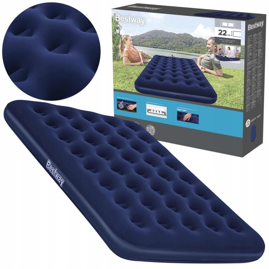 Materac dmuchany dwuosobowy Bestway 67002 łóżko do spania turystyczne welurowe stelaż Coil Beam wymiary 191x137 cm udźwig 300 kg kolor granatowy łatka naprawcza tanio okazja Allegro Smart darmowa dostawa