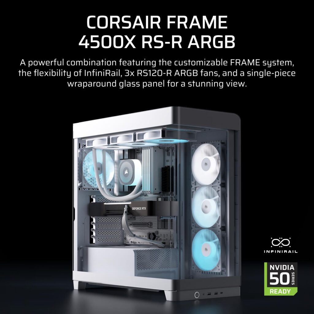 Biała panoramiczna obudowa komputerowa CORSAIR FRAME 4500X RS-R ARGB Mid-Tower z zakrzywionym hartowanym szkłem 3 wentylatory podświetlenie LED Amazon promocja darmowa dostawa Prime sprzęt dla graczy