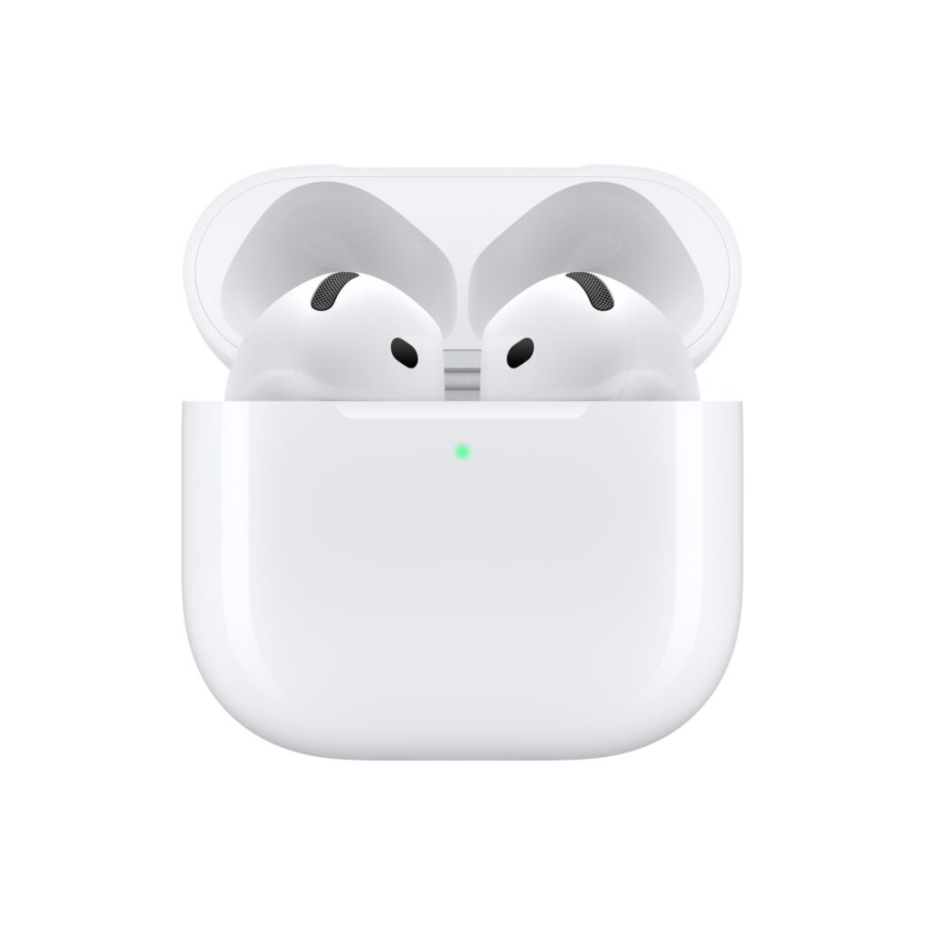 Białe słuchawki bezprzewodowe Apple AirPods 4 etui ładujące USB-C douszne bluetooth chip H2 Amazon Prime Day promocja darmowa dostawa tanio okazja