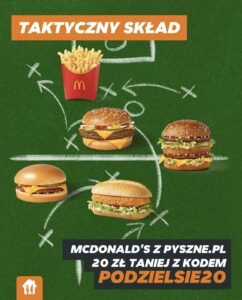 Kod rabatowy Pyszne.pl do restauracji McDonald's kupon PODZIELSIE20 minus 20 złotych zniżka jedzenie z dostawą tanie burgery frytki czerwiec 2026