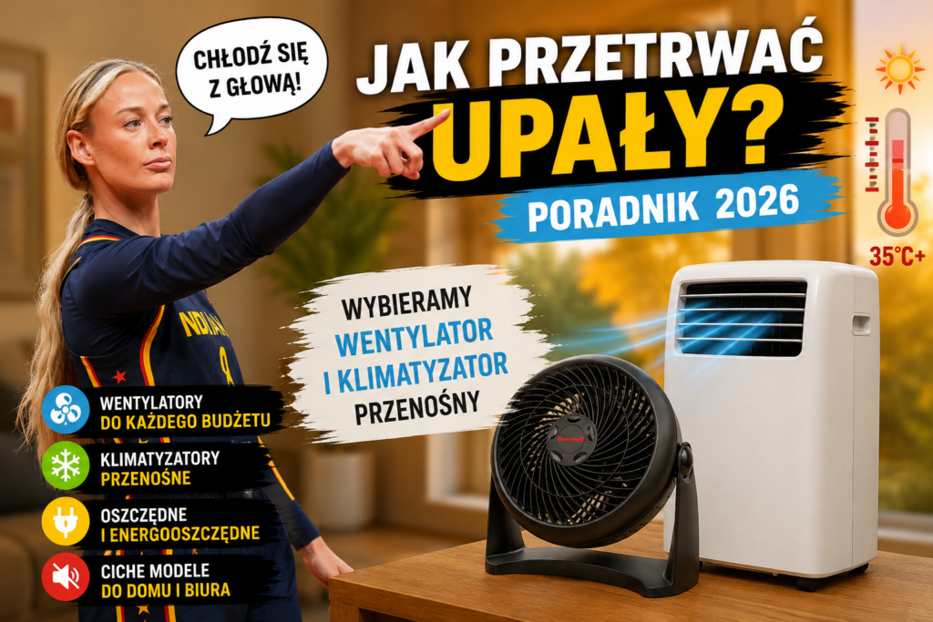 Grafika z napisem Jak przetrwać upały poradnik 2026 wybór wentylatora i klimatyzatora