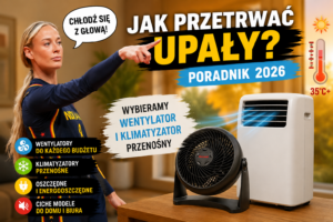 Grafika z napisem Jak przetrwać upały poradnik 2026 wybór wentylatora i klimatyzatora