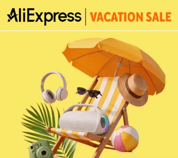 AliExpress Vacation Sale kody rabatowe wyprzedaż lipiec 2026 kupony zniżkowe modern style image