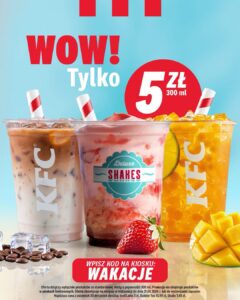 Promocja KFC kod rabatowy Wakacje napoje za 5 zł Iced Latte Shake Bubble Tea kioski