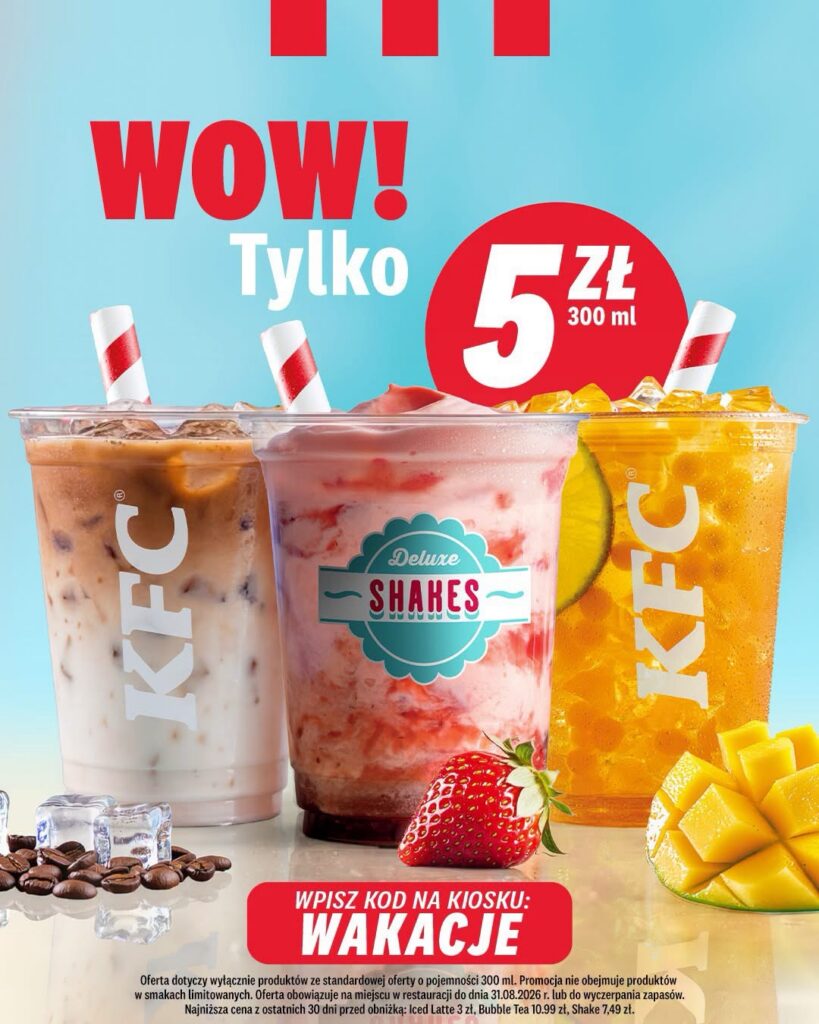 Promocja KFC kod rabatowy Wakacje napoje za 5 zł Iced Latte Shake Bubble Tea kioski
