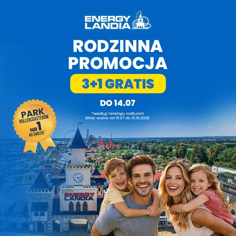 Promocja Energylandia bilety rodzinne 3+1 gratis zator park rozrywki tanie bilety okazja