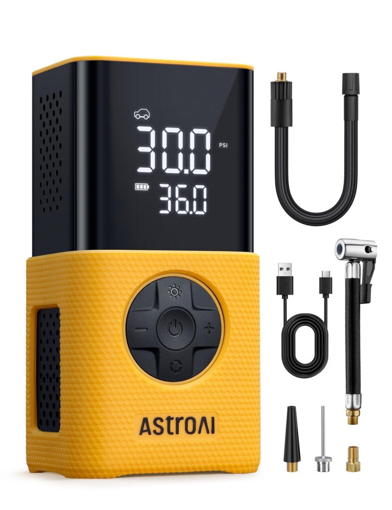 Bezprzewodowy kompresor samochodowy pompka AstroAI 150 PSI żółty Amazon Prime