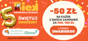 Biedronka Express Glovo kod rabatowy DWABIEK50 2x50 zł zniżki darmowa dostawa