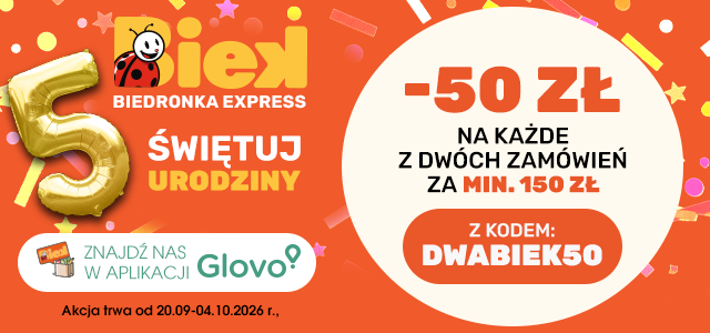 Biedronka Express Glovo kod rabatowy DWABIEK50 2x50 zł zniżki darmowa dostawa