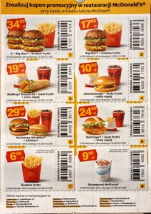 Kupony rabatowe McDonald's województwo mazowieckie Warszawa kody kreskowe do kiosku średnie frytki 6 zł Big Mac