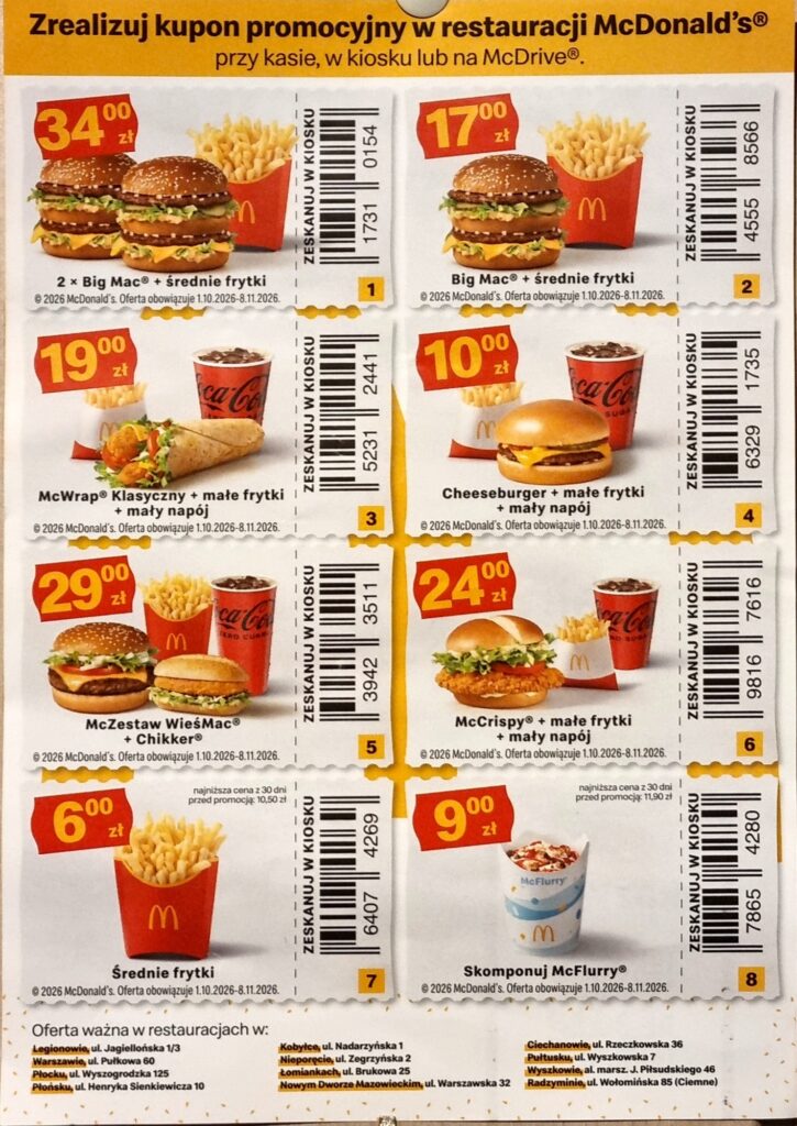 Kupony rabatowe McDonald's województwo mazowieckie Warszawa kody kreskowe do kiosku średnie frytki 6 zł Big Mac