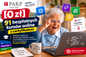 Akademia PARP 91 darmowych kursów online z imiennym certyfikatem AI biznes prawo do CV