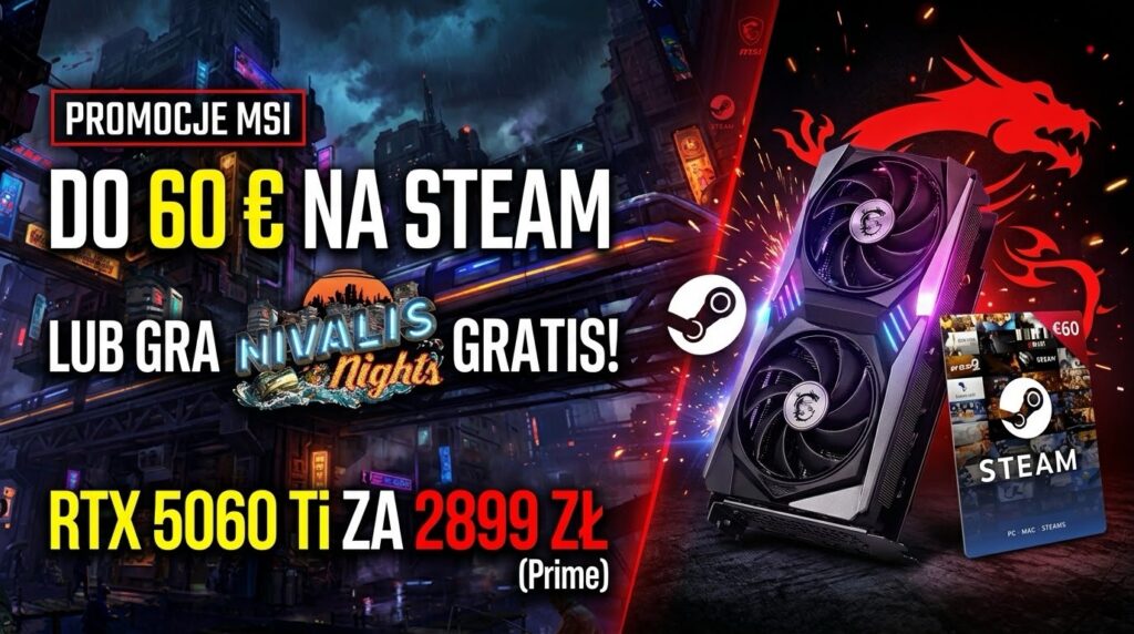 Promocje MSI karty graficzne GeForce RTX seria 50 kod Steam do 60 euro gra Nivalis Nights Amazon Prime