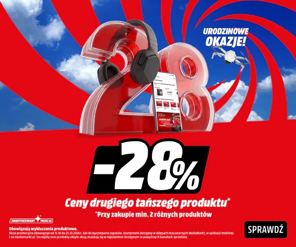 MediaMarkt urodziny promocja minus 28 procent na drugi tańszy produkt sprzęt RTV AGD