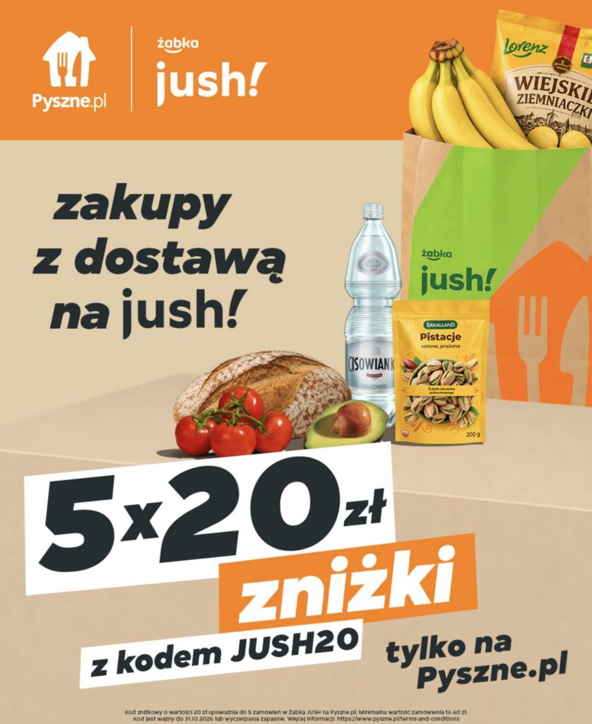 Pyszne.pl Żabka Jush kod rabatowy JUSH20 5 razy 20 zł zniżki zakupy z dostawą